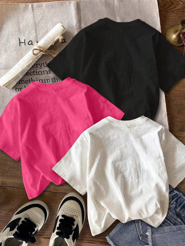 3pcs/Set Casual Minimalist Floral Pattern Round Neck Short Sleeve Fitted Cropped Women T-Shirts,