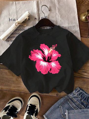 3pcs/Set Casual Minimalist Floral Pattern Round Neck Short Sleeve Fitted Cropped Women T-Shirts,