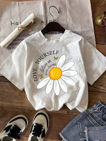 3pcs/Set Casual Minimalist Floral Pattern Round Neck Short Sleeve Fitted Cropped Women T-Shirts,