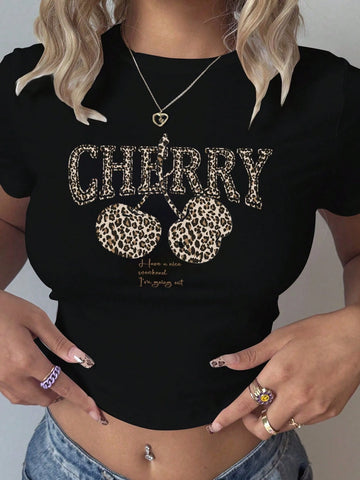 3pcs/Set Casual Minimalist Leopard Bow Cherry New York Graphic Crew Neck Short Sleeve Fitted Crop Top T-Shirt, Suitable For Summer