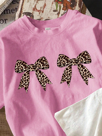 3pcs/Set Casual Minimalist Leopard Bow Cherry New York Graphic Crew Neck Short Sleeve Fitted Crop Top T-Shirt, Suitable For Summer
