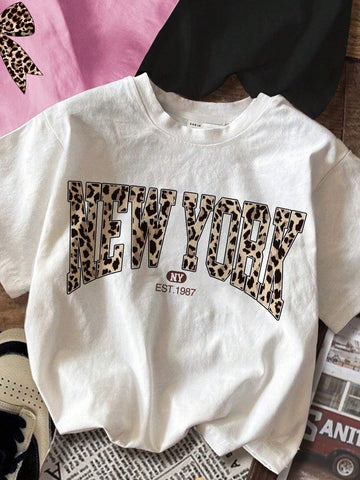 3pcs/Set Casual Minimalist Leopard Bow Cherry New York Graphic Crew Neck Short Sleeve Fitted Crop Top T-Shirt, Suitable For Summer