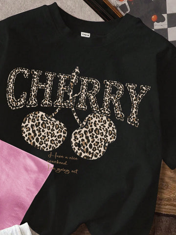 3pcs/Set Casual Minimalist Leopard Bow Cherry New York Graphic Crew Neck Short Sleeve Fitted Crop Top T-Shirt, Suitable For Summer