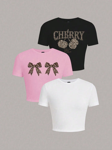 3pcs/Set Casual Minimalist Leopard Bow Cherry New York Graphic Crew Neck Short Sleeve Fitted Crop Top T-Shirt, Suitable For Summer