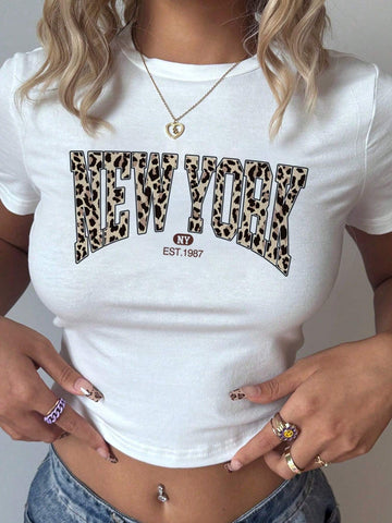 3pcs/Set Casual Minimalist Leopard Bow Cherry New York Graphic Crew Neck Short Sleeve Fitted Crop Top T-Shirt, Suitable For Summer