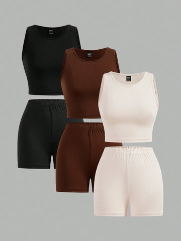 3pcs/Set Casual Solid Color Vest + Letter Print Shorts Outfit, Suitable For Summer