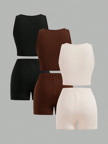 3pcs/Set Casual Solid Color Vest + Letter Print Shorts Outfit, Suitable For Summer
