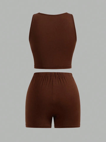 3pcs/Set Casual Solid Color Vest + Letter Print Shorts Outfit, Suitable For Summer