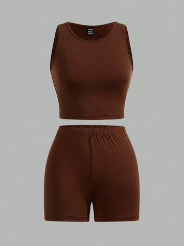 3pcs/Set Casual Solid Color Vest + Letter Print Shorts Outfit, Suitable For Summer