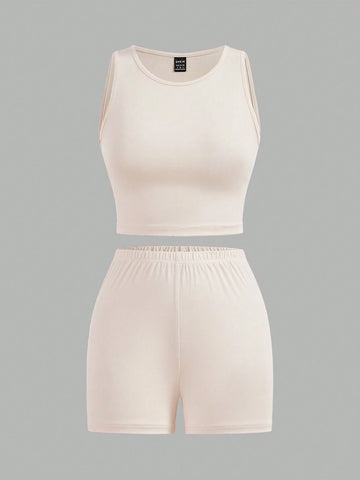 3pcs/Set Casual Solid Color Vest + Letter Print Shorts Outfit, Suitable For Summer