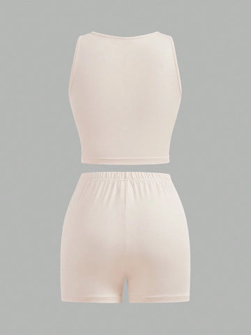 3pcs/Set Casual Solid Color Vest + Letter Print Shorts Outfit, Suitable For Summer