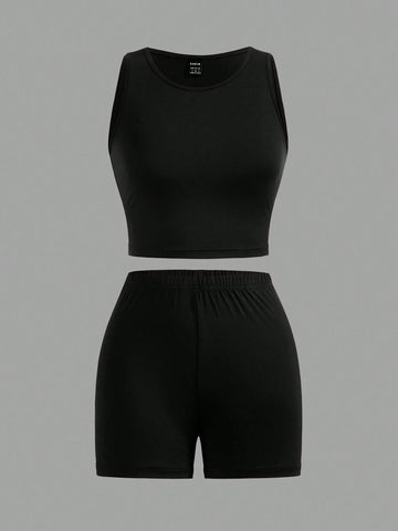 3pcs/Set Casual Solid Color Vest + Letter Print Shorts Outfit, Suitable For Summer