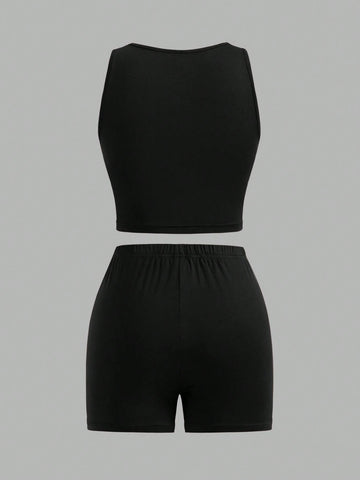 3pcs/Set Casual Solid Color Vest + Letter Print Shorts Outfit, Suitable For Summer