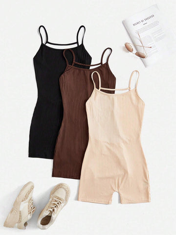 3pcs/Set Ladies' Solid Color Bodycon Jumpsuit Unitard With Spaghetti Straps