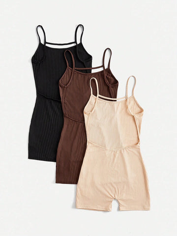 3pcs/Set Ladies' Solid Color Bodycon Jumpsuit Unitard With Spaghetti Straps