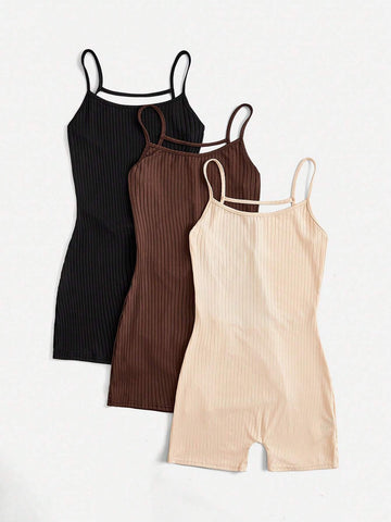 3pcs/Set Ladies' Solid Color Bodycon Jumpsuit Unitard With Spaghetti Straps