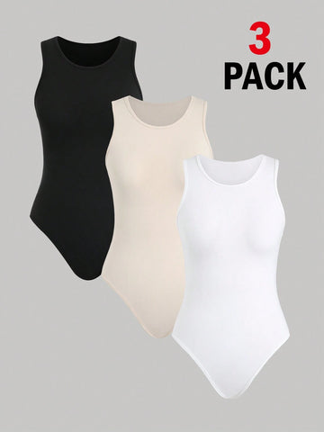 3pcs/Set Summer Casual Solid Color Sleeveless Round Neck Bodysuit