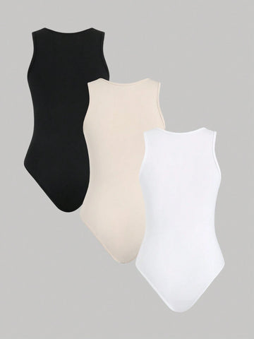 3pcs/Set Summer Casual Solid Color Sleeveless Round Neck Bodysuit