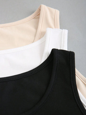 3pcs/Set Summer Casual Solid Color Sleeveless Round Neck Bodysuit
