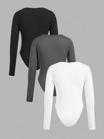 3pcs/Set Women Solid Color Knit Button Half Open Front Long Sleeve Casual Bodysuit, Autumn/Winter