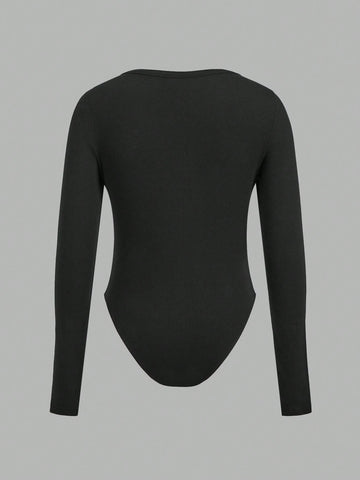 3pcs/Set Women Solid Color Knit Button Half Open Front Long Sleeve Casual Bodysuit, Autumn/Winter