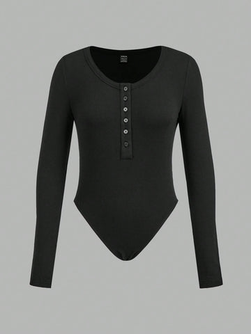 3pcs/Set Women Solid Color Knit Button Half Open Front Long Sleeve Casual Bodysuit, Autumn/Winter