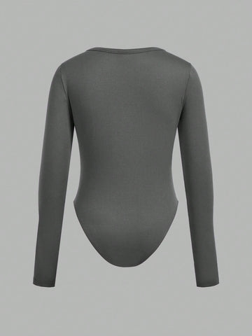 3pcs/Set Women Solid Color Knit Button Half Open Front Long Sleeve Casual Bodysuit, Autumn/Winter