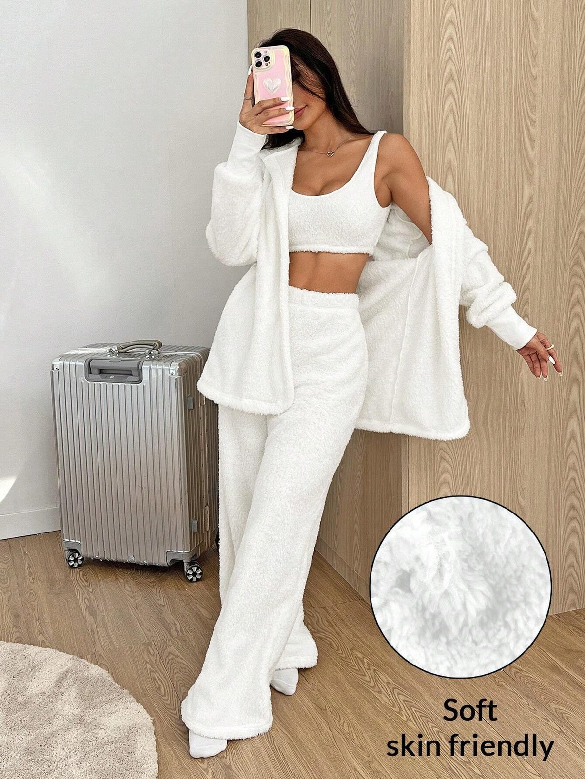 3pcs/Set Women's Casual Solid Color Long Sleeve Hooded Fleece Coat, Crop Top And Wide Leg Pants Set, Autumn Winter