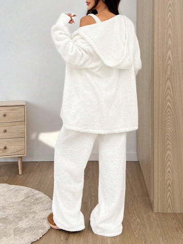 3pcs/Set Women's Casual Solid Color Long Sleeve Hooded Fleece Coat, Crop Top And Wide Leg Pants Set, Autumn Winter