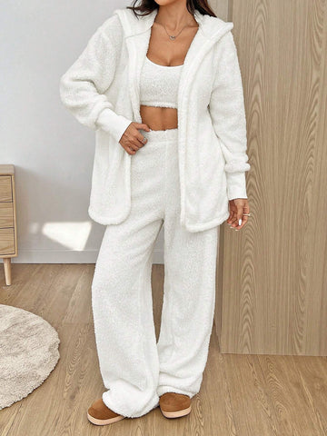 3pcs/Set Women's Casual Solid Color Long Sleeve Hooded Fleece Coat, Crop Top And Wide Leg Pants Set, Autumn Winter