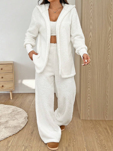 3pcs/Set Women's Casual Solid Color Long Sleeve Hooded Fleece Coat, Crop Top And Wide Leg Pants Set, Autumn Winter