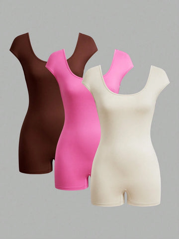 3pcs/Set Women's Multicolor Backless Short Sleeve Crop Top & Tight Casual Jumpsuits, Summer