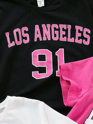 EZwear 3pcs Casual & Minimalist Short Sleeve T-Shirt Set With English Letter Print, Suitable For Summer,