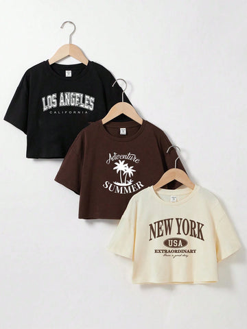 EZwear 3pcs Casual & Minimalistic Coconut Tree Printed Crop Sleeve T-Shirt With Loose Fit, Suitable For