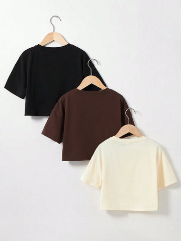 EZwear 3pcs Casual & Minimalistic Coconut Tree Printed Crop Sleeve T-Shirt With Loose Fit, Suitable For