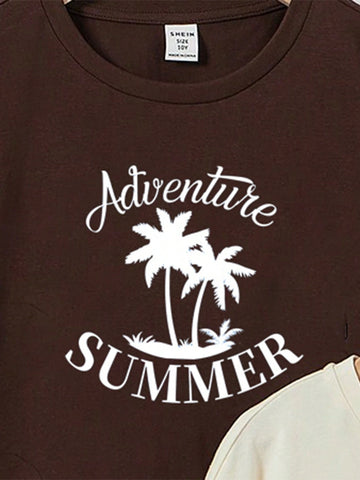 EZwear 3pcs Casual & Minimalistic Coconut Tree Printed Crop Sleeve T-Shirt With Loose Fit, Suitable For