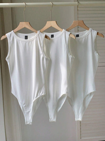 3pcs Solid Round Neck Bodysuit