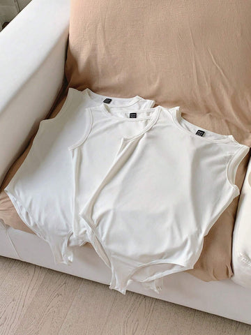 3pcs Solid Round Neck Bodysuit