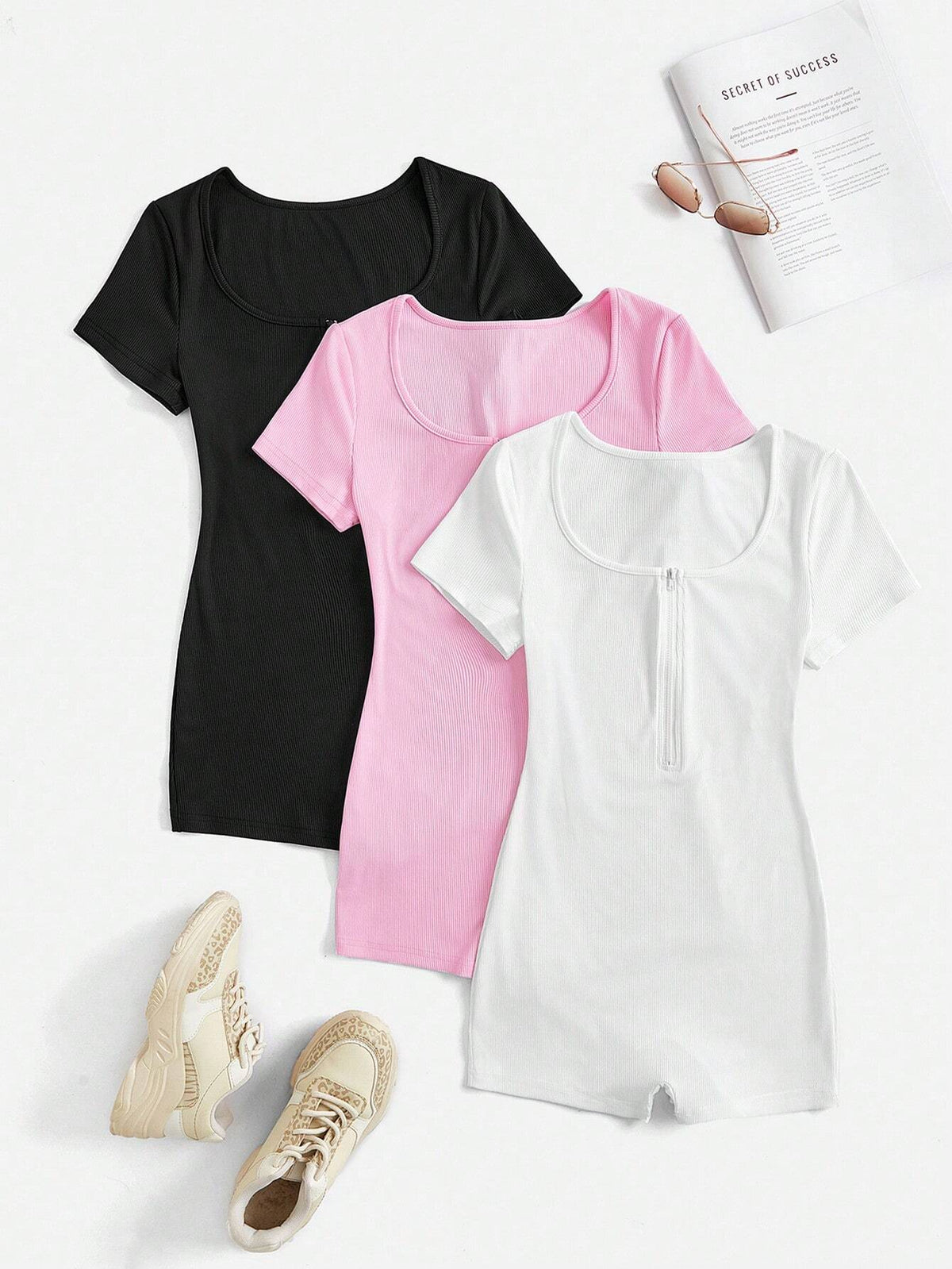 3pcs Women Solid Color Short Sleeve Zipper Round Neck Bodycon Jumpsuit Unitard Set