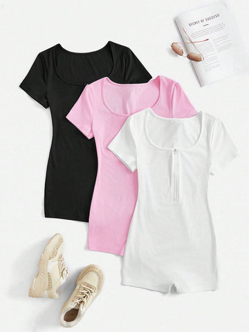 3pcs Women Solid Color Short Sleeve Zipper Round Neck Bodycon Jumpsuit Unitard Set