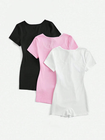 3pcs Women Solid Color Short Sleeve Zipper Round Neck Bodycon Jumpsuit Unitard Set