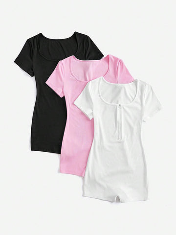 3pcs Women Solid Color Short Sleeve Zipper Round Neck Bodycon Jumpsuit Unitard Set