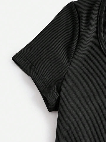 3pcs Women Solid Color Short Sleeve Zipper Round Neck Bodycon Jumpsuit Unitard Set