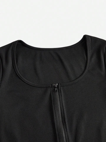 3pcs Women Solid Color Short Sleeve Zipper Round Neck Bodycon Jumpsuit Unitard Set