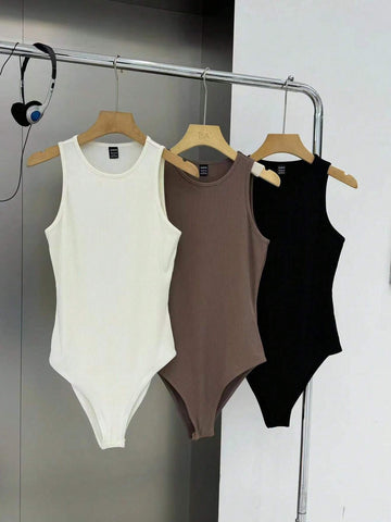 3pcs Women's Sleeveless Round Neck Bodysuit Set, Slim Fit Casual Wear