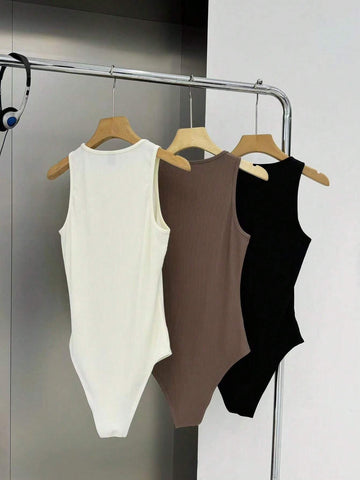 3pcs Women's Sleeveless Round Neck Bodysuit Set, Slim Fit Casual Wear