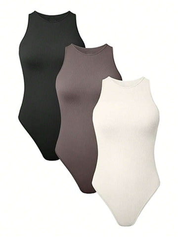 3pcs Women's Sleeveless Round Neck Bodysuit Set, Slim Fit Casual Wear