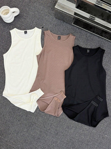 3pcs Women's Sleeveless Round Neck Bodysuit Set, Slim Fit Casual Wear