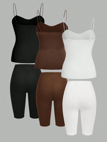 3pcs set Camisole Cami Top And Slim-Fit Leggings Matching Set, Suitable For Spring And Summer