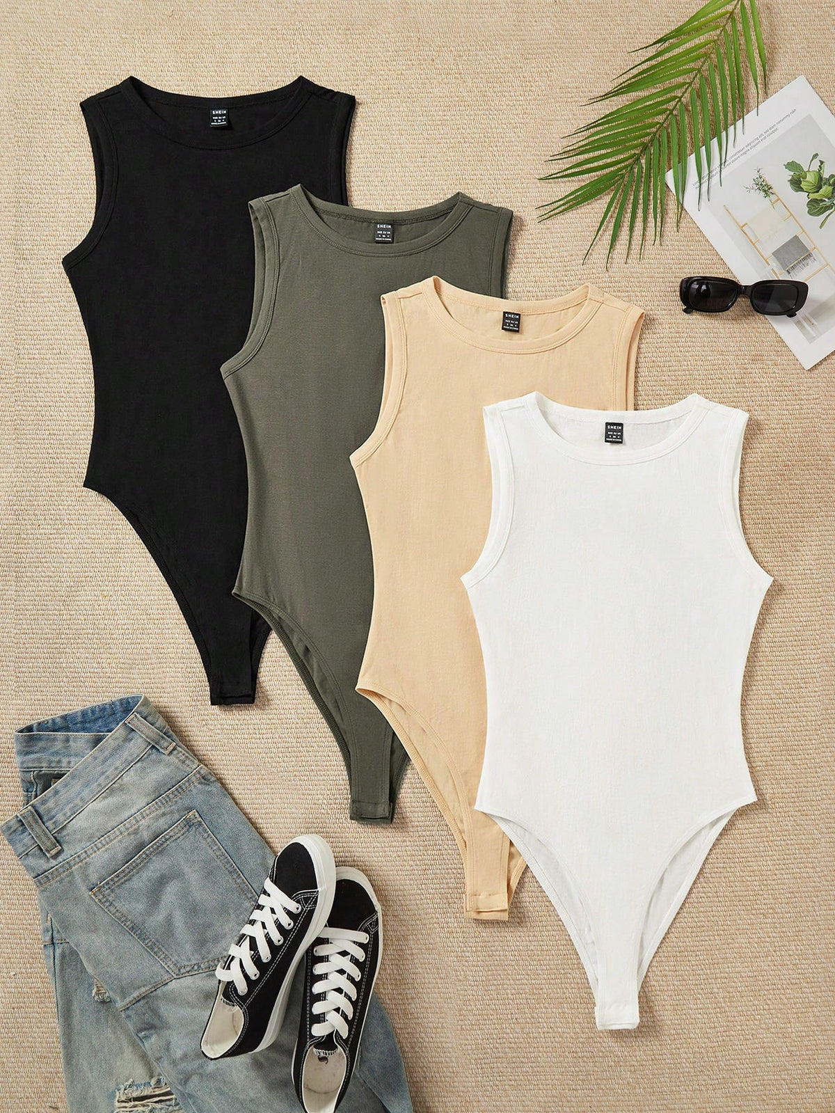 4pcs/Set Tight-Fitting High-Cut Bodysuits With Round Neckline, Perfect For Summer
